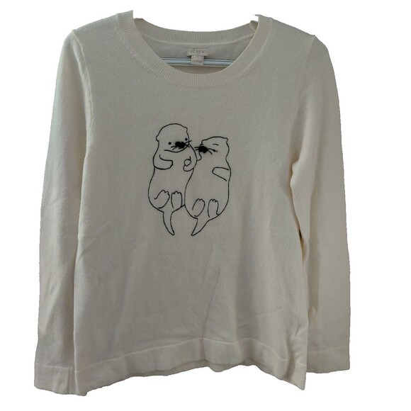 J. Crew Factory Long Sleeve Ivory Knit Stitched Otter Pair Sweater Women's Sz S - Picture 1 of 8